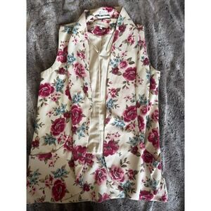 Daniel Rainn Cream Pink Floral Sleeveless Blazer Vest Longline Open Front Large